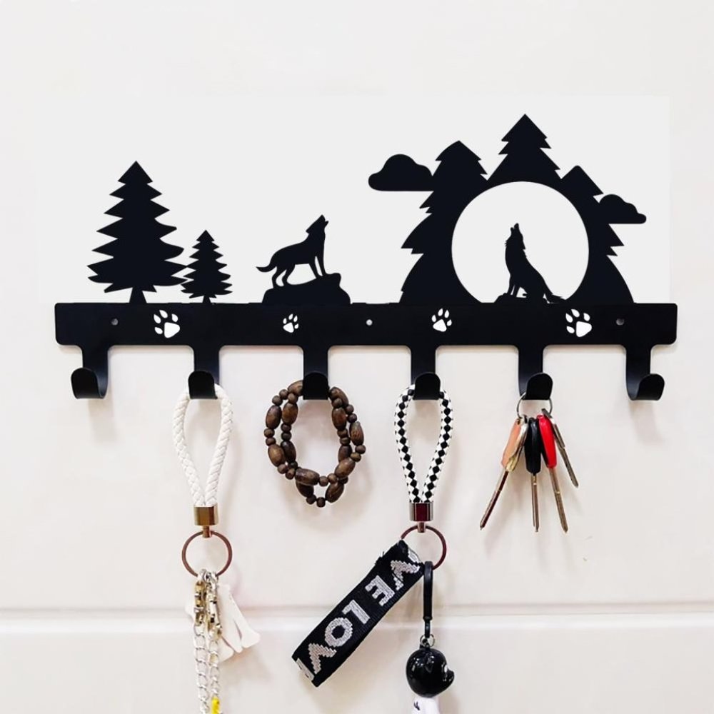 New in box Wolf / Forest / Mountain  black metal wall hanger with hooks
